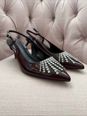 a new day Burgundy Patent Slingback Pointed-Toe Pumps with Crystal Fringe